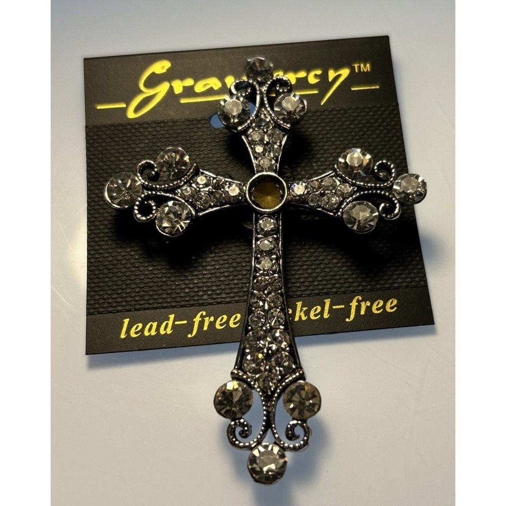 Gramercy Vintage Cross Brooch 2.5 Inches Silver With Clear Stones